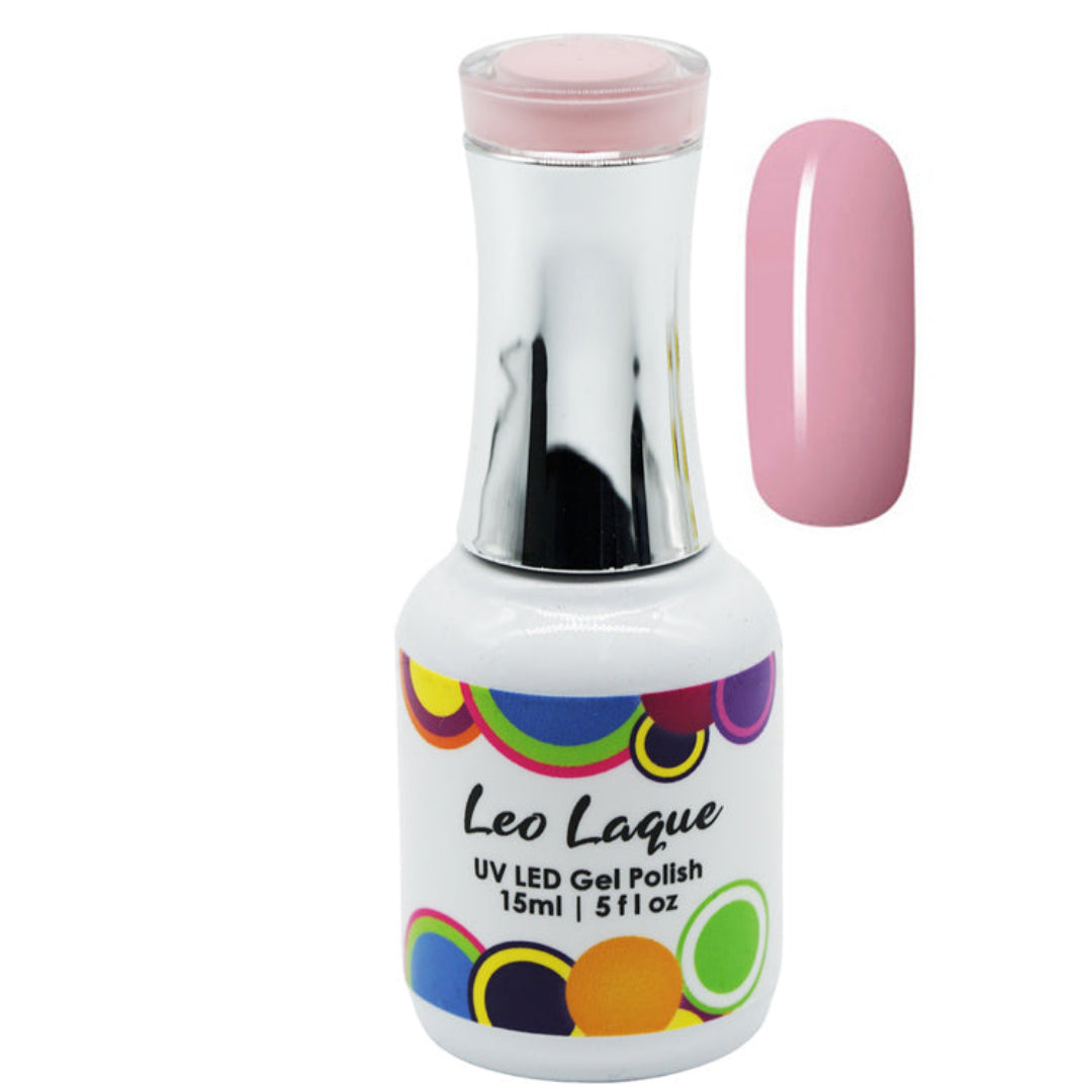 A bottle of Leo Laque UV LED Gel Polish in a light pink shade, shown next to a matching pink nail swatch on a plain white background.