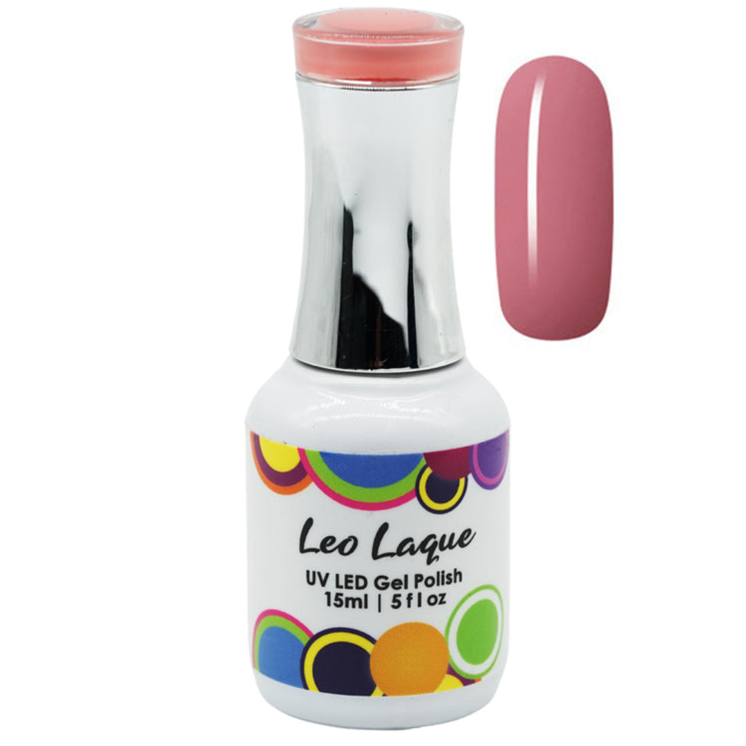 A bottle of Leo Laque UV LED gel polish with a silver cap and a pink nail color swatch shown next to it on a white background.