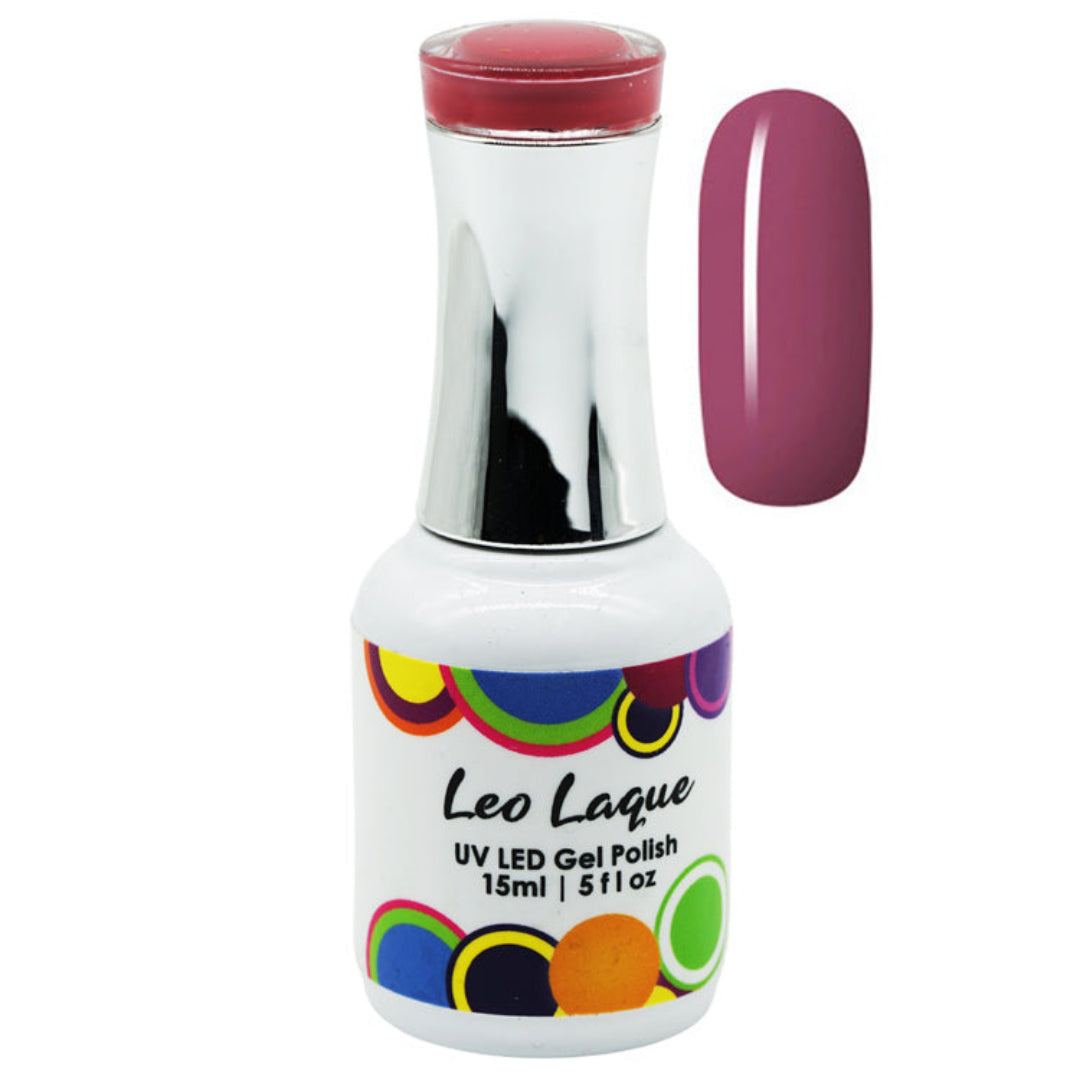 A bottle of Leo Laque UV LED Gel Polish in a dusty mauve shade, shown next to a matching nail color swatch on a plain white background.