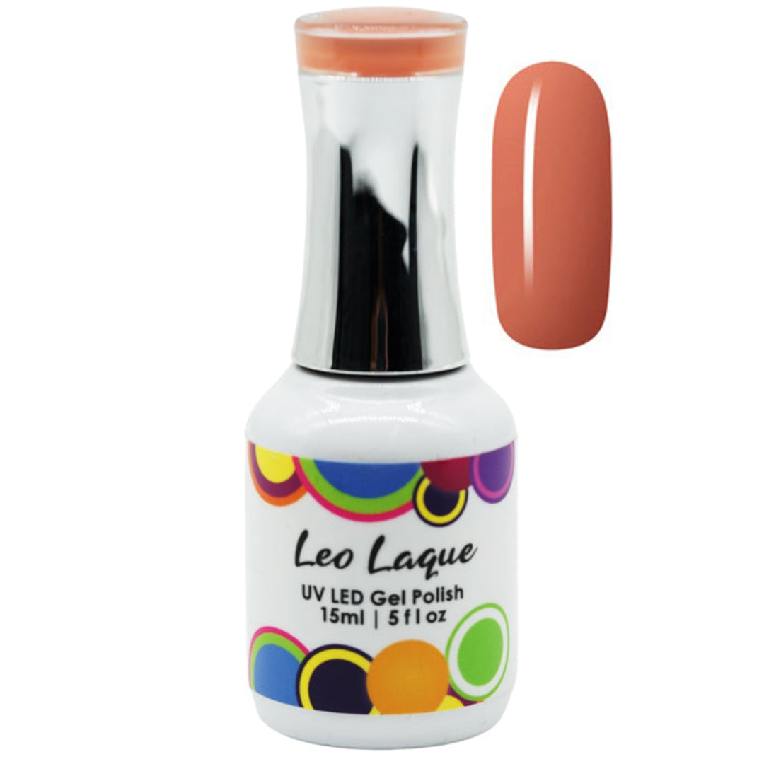A bottle of Leo Laque UV LED Gel Polish in a peach-orange shade, shown alongside a matching nail color swatch on a plain white background.
