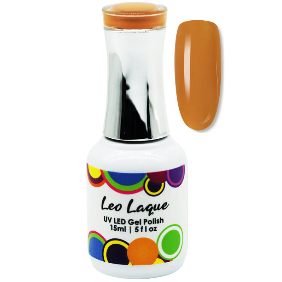 A bottle of Leo Laque UV LED gel nail polish in a warm caramel orange shade, shown next to a matching nail color swatch on a plain white background.