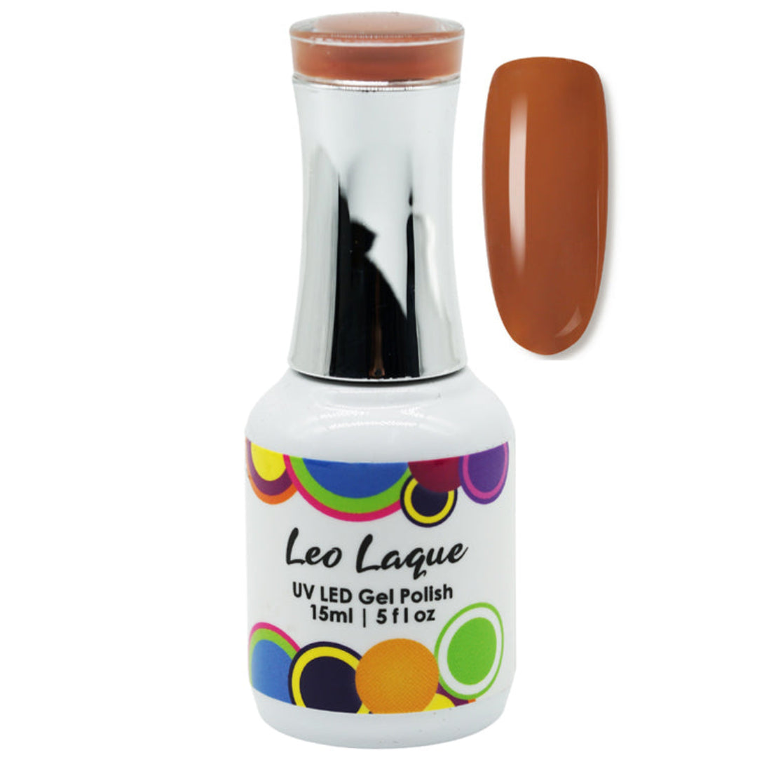 A bottle of Leo Laque UV LED Gel Polish in a warm terracotta brown shade, shown alongside a matching nail color swatch on a plain white background.