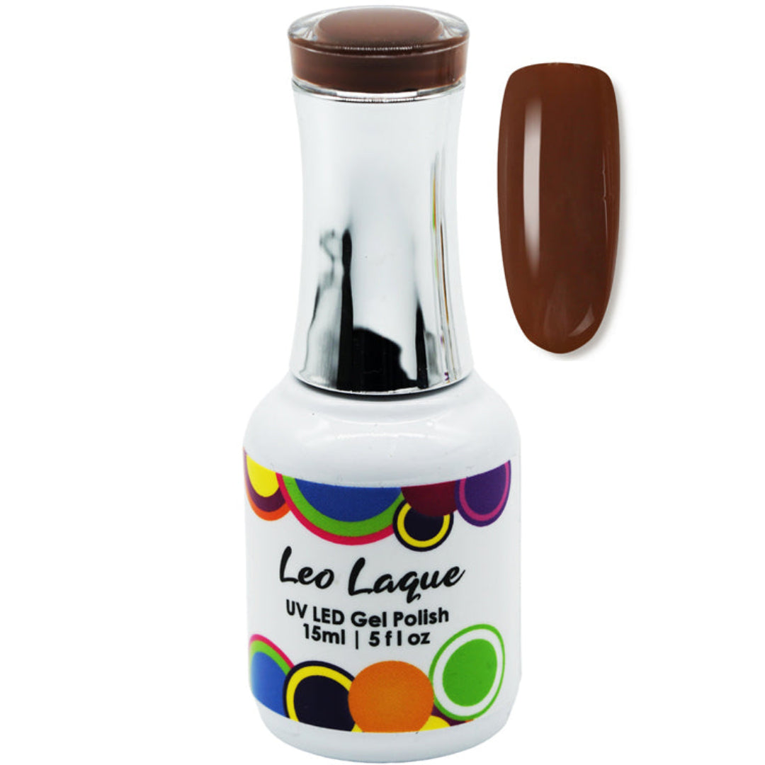 A bottle of Leo Laque UV LED Gel Polish in a rich dark brown shade, shown alongside a matching glossy nail color swatch on a plain white background.