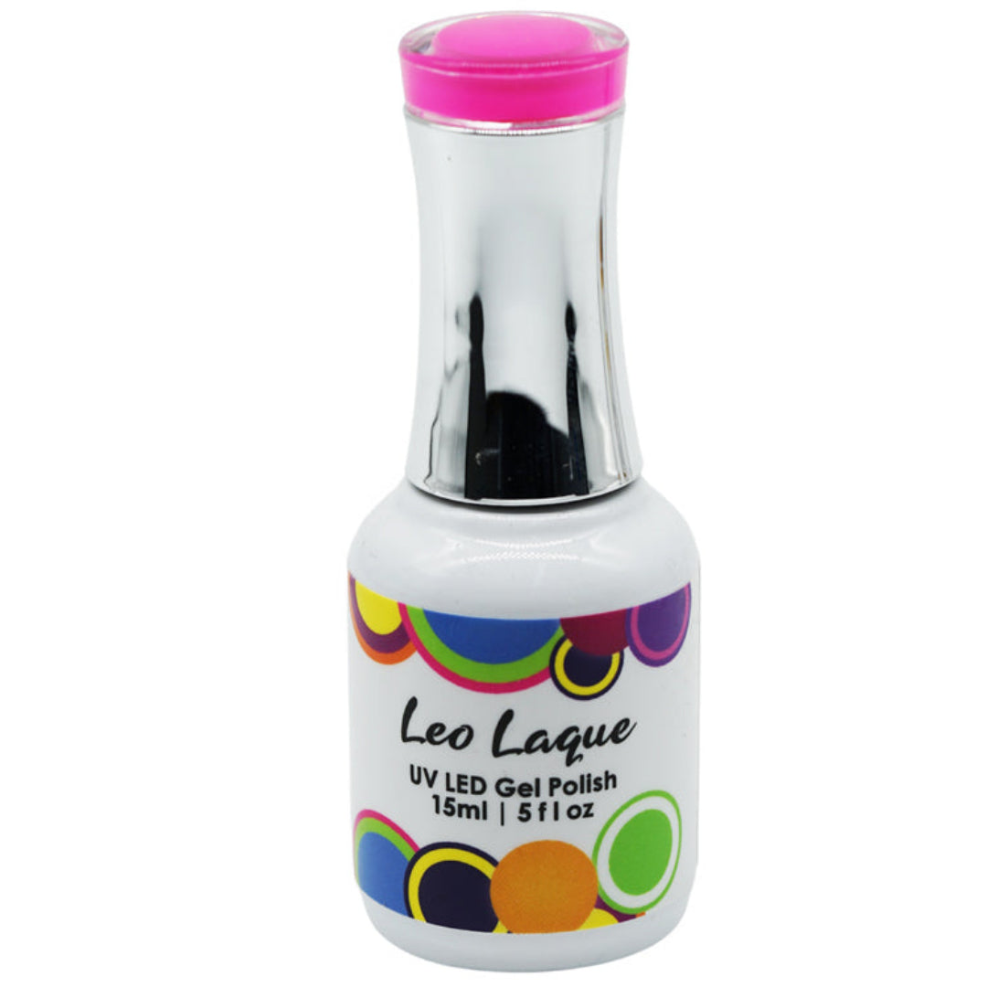 A bottle of Leo Laque UV LED Gel Polish in a white bottle with a shiny silver neck and a bright pink cap, featuring a colorful pattern of overlapping circles on the label.
