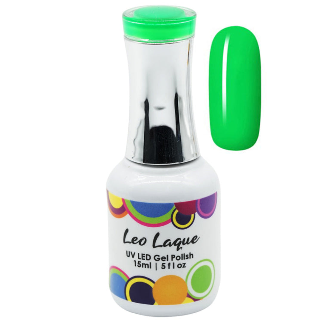 A bottle of Leo Laque UV LED Gel Polish in a bright neon green shade, shown alongside a matching glossy green nail swatch on a plain white background.