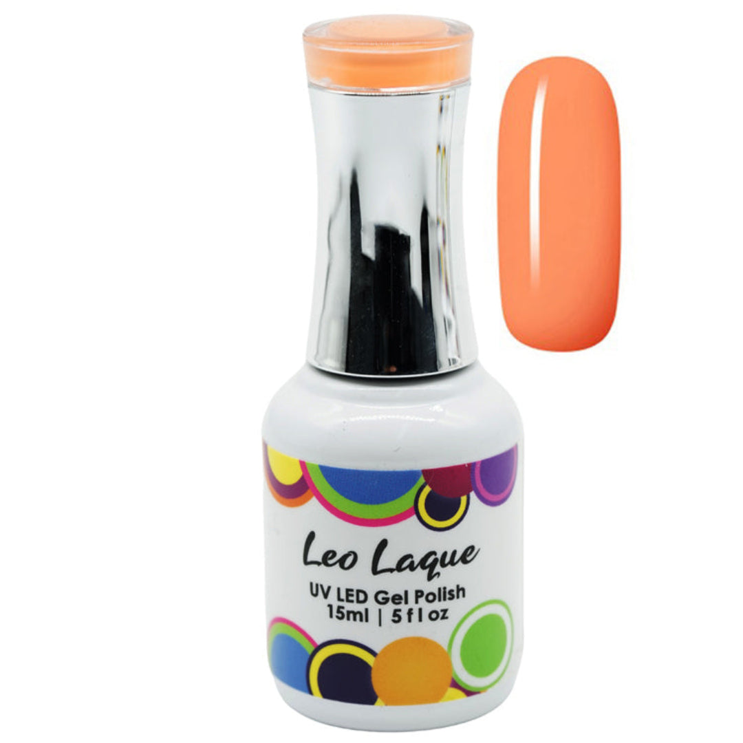 A bottle of Leo Laque UV LED gel nail polish in a bright peach-orange shade, shown alongside a matching glossy nail color swatch on a plain white background.