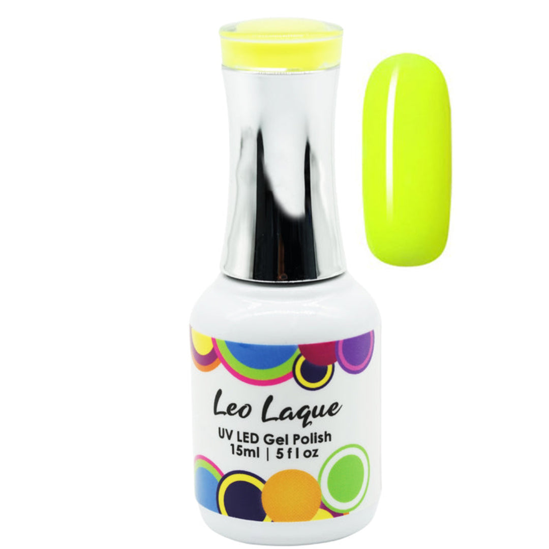 A bottle of Leo Laque UV LED gel nail polish in a bright neon yellow-green shade, shown alongside a matching oval nail color swatch on a plain white background.