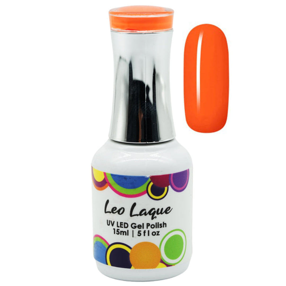 A bottle of Leo Laque UV LED Gel Polish in a vibrant orange shade, shown alongside a matching glossy orange nail swatch on a plain white background.