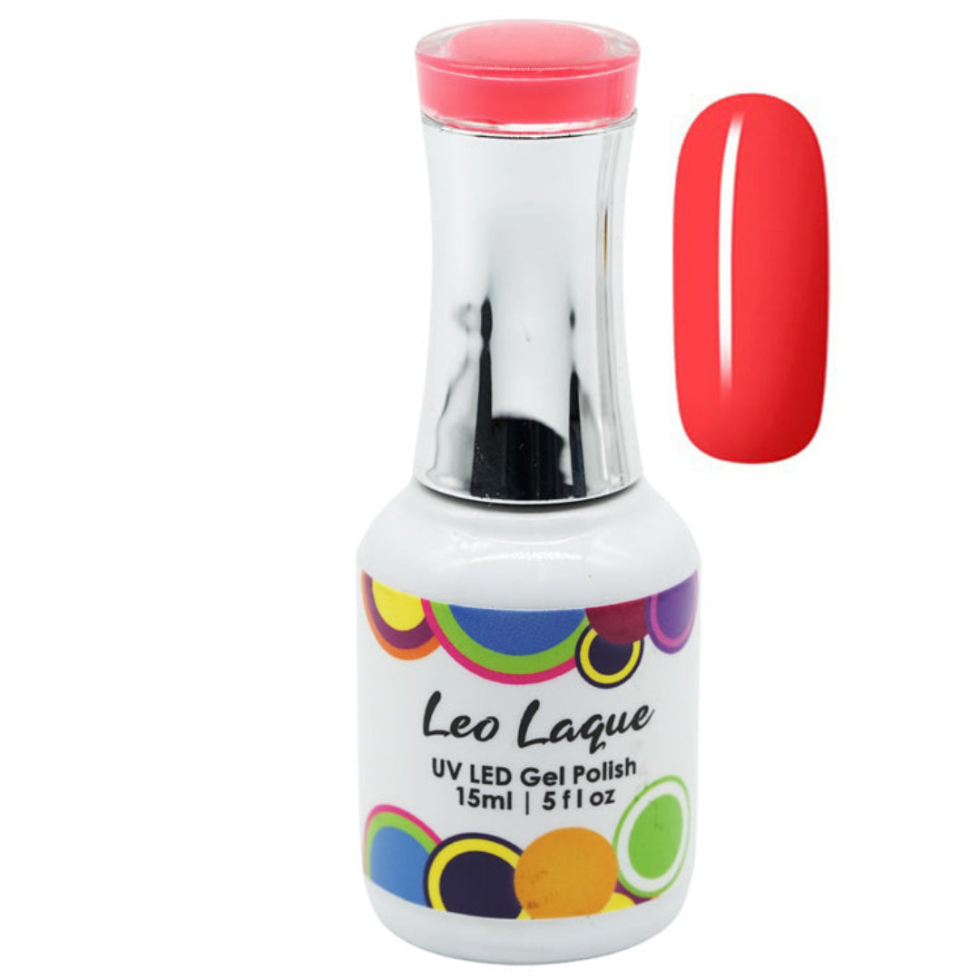 A bottle of Leo Laque UV LED Gel Polish next to a vertical swatch showing the vibrant red polish color, on a solid white background.