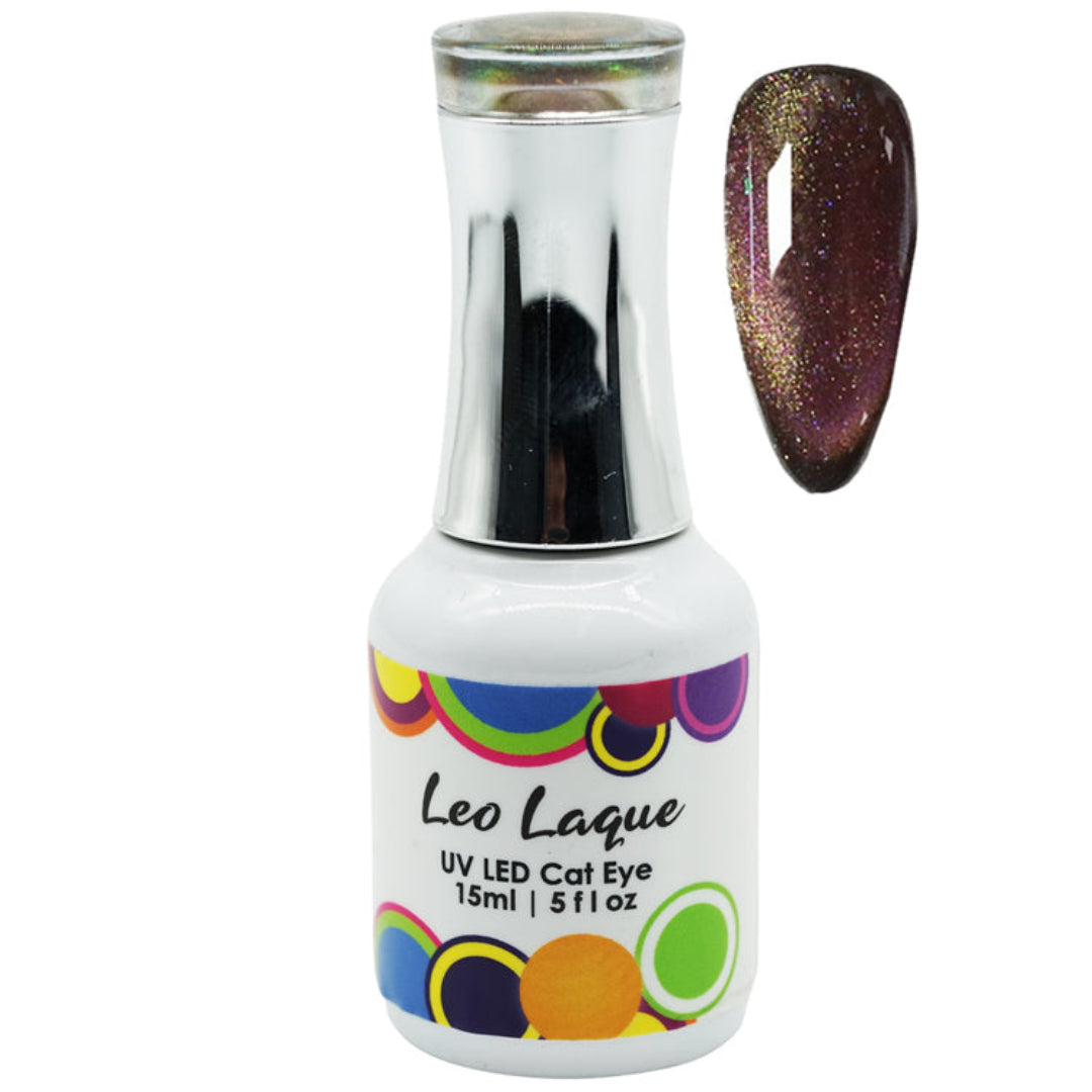 A bottle of Leo Laque UV LED Cat Eye gel nail polish with a silver cap and a multicolor circular label, shown next to a nail swatch displaying a dark purple glittery cat-eye effect.