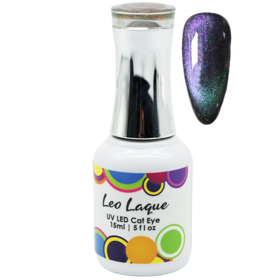 A bottle of Leo Laque UV LED Cat Eye nail polish with a silver cap and a white label featuring colorful circles, shown next to a nail tip swatch displaying a purple and green cat eye iridescent shimmer.