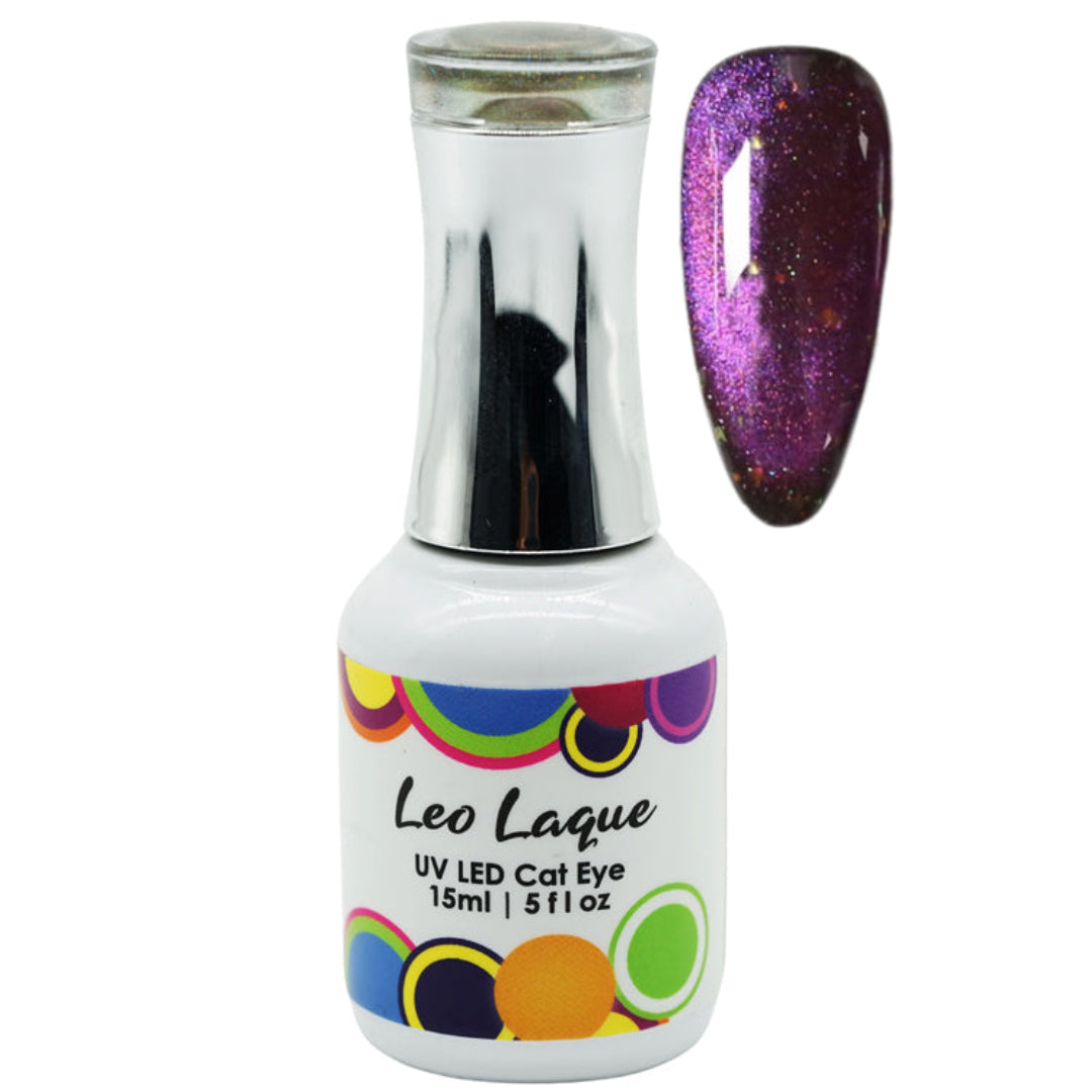 A bottle of Leo Laque UV LED Cat Eye nail polish with a silver cap and a white label featuring colorful polka dots, shown next to a purple cat eye swatch of the polish on a white background.