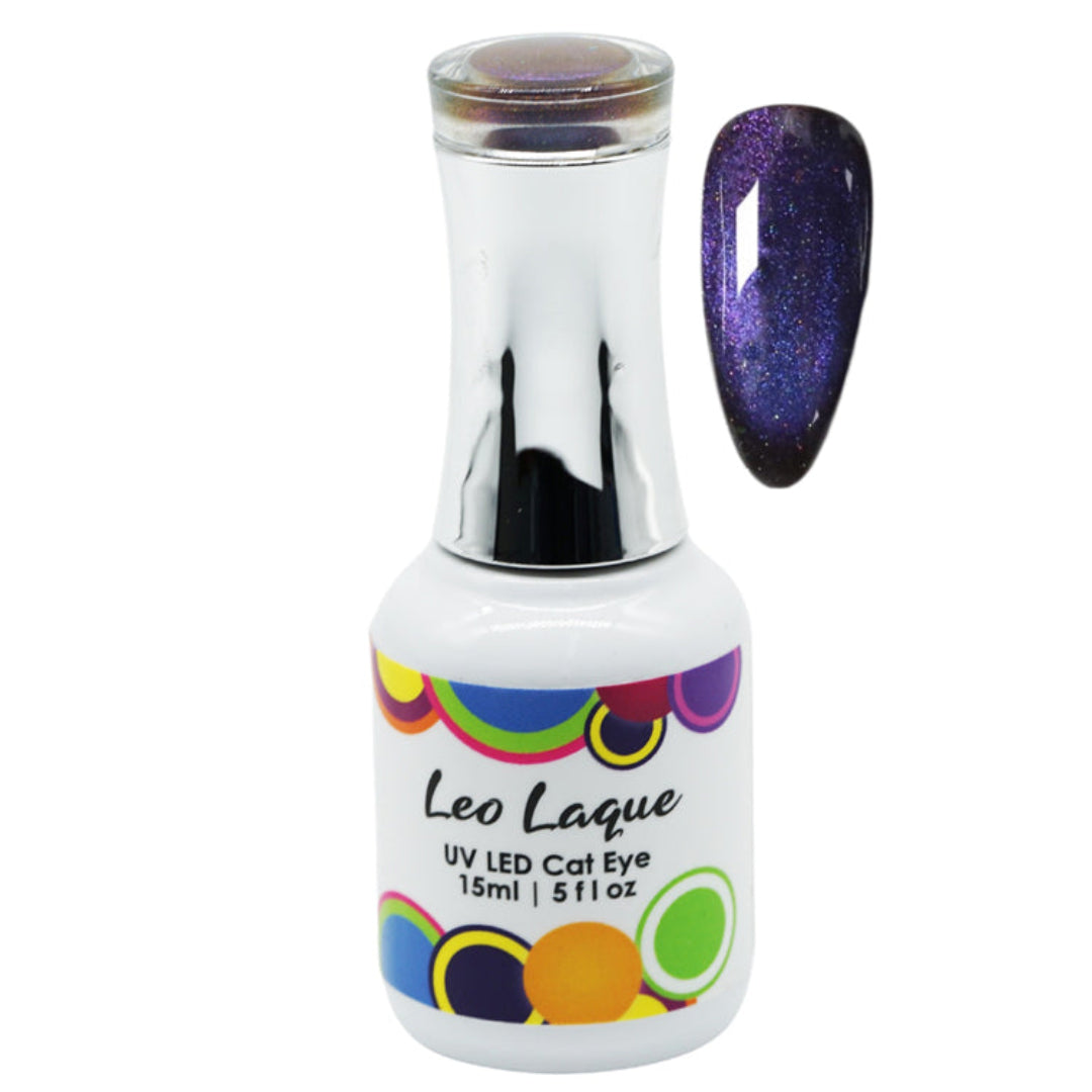 A bottle of Leo Laque UV LED Cat Eye gel nail polish with a silver cap and a matching dark purple cat eye swatch shown next to it on a white background.