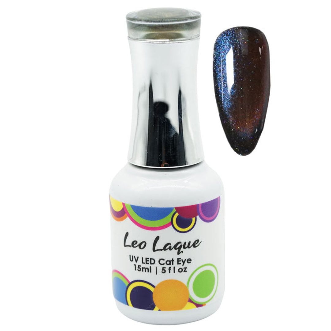 A bottle of Leo Laque UV LED Cat Eye nail polish with a silver cap, shown next to a nail swatch displaying a dark brown and blue glittery cat-eye effect on a white background.