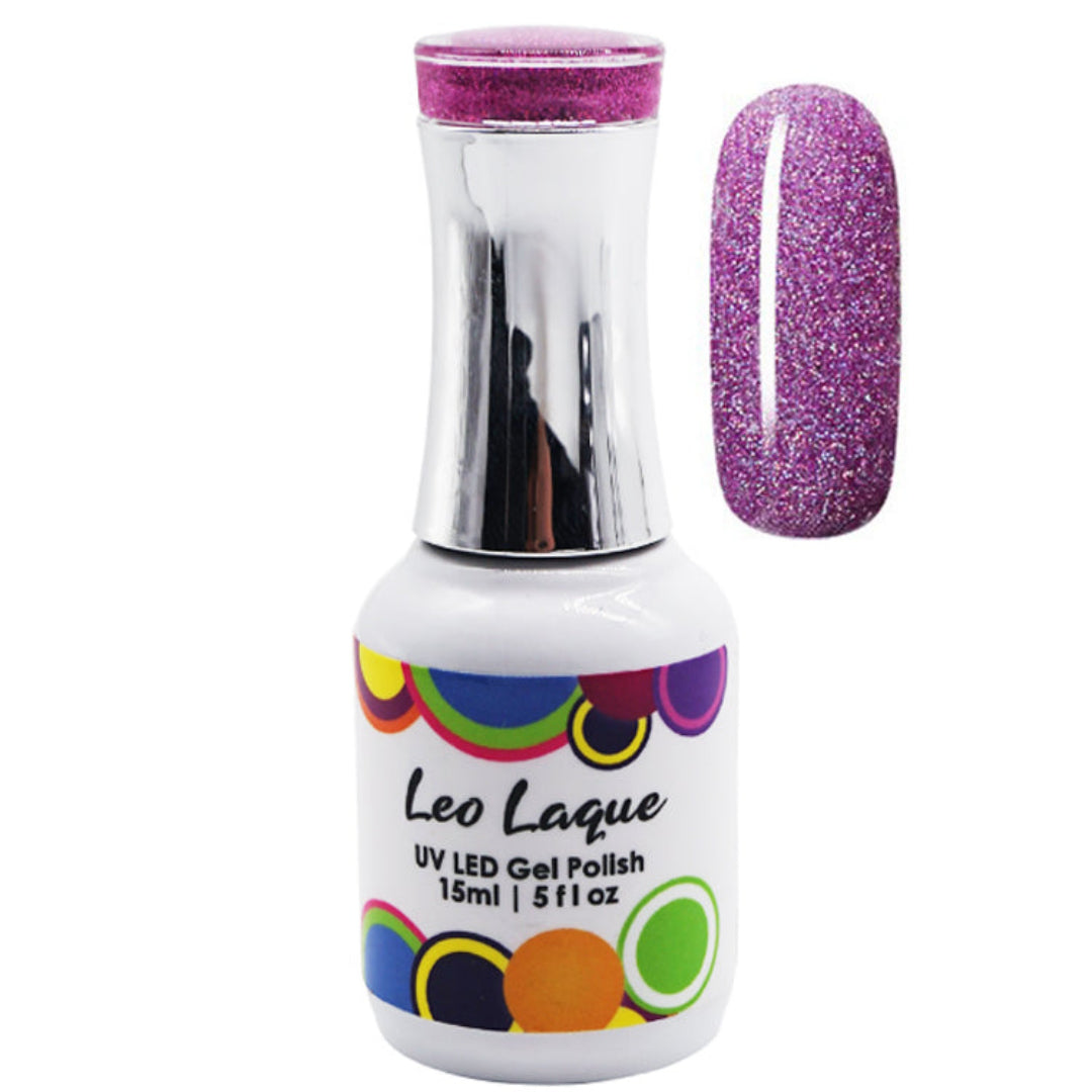 A bottle of Leo Laque UV LED Gel Polish in a sparkling purple shade, shown next to a matching glittery nail swatch on a plain white background.