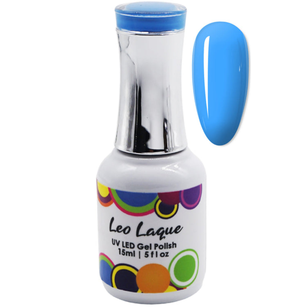 A bottle of Leo Laque UV LED Gel Polish in a bright blue shade, shown alongside a matching blue nail swatch on a plain white background.