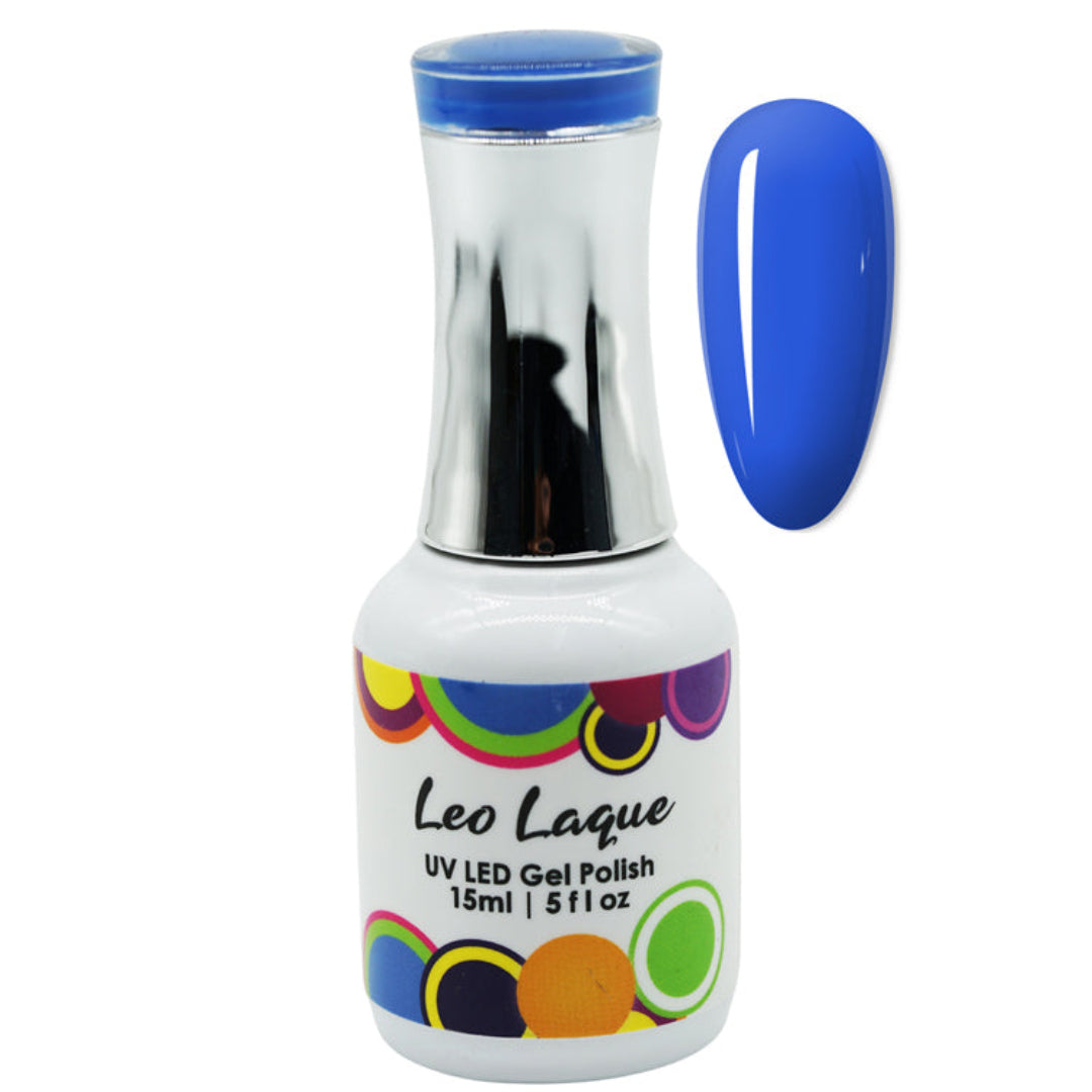 A bottle of Leo Laque UV LED Gel Nail Polish in a vibrant royal blue shade, shown alongside a matching blue nail swatch on a plain white background.