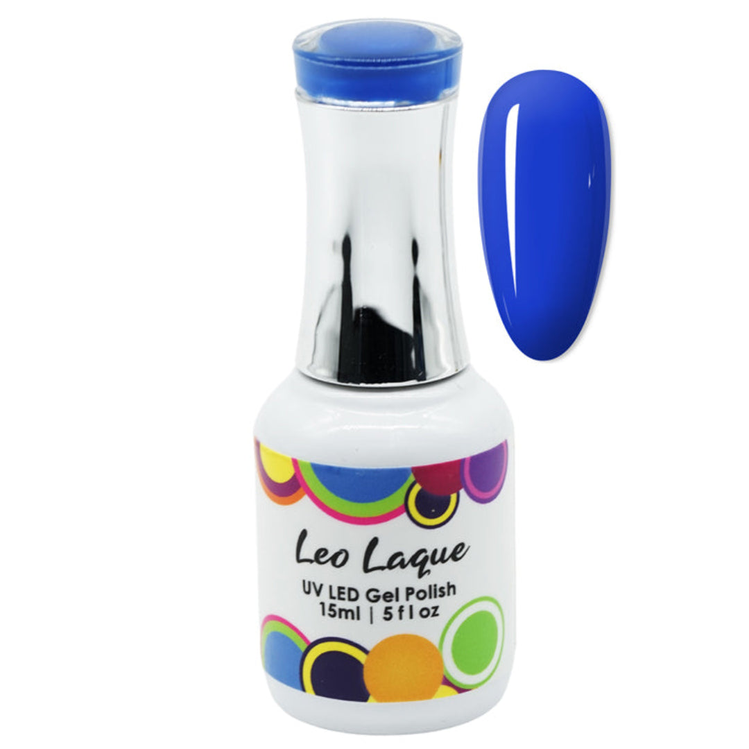 A bottle of Leo Laque UV LED Gel Polish in a vibrant royal blue shade, shown alongside a matching blue nail swatch on a plain white background.