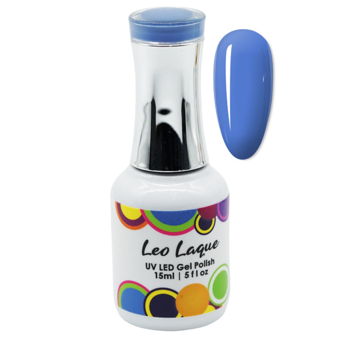 A bottle of Leo Laque UV LED Gel Polish in a medium blue shade, shown alongside a matching blue nail swatch on a plain white background.