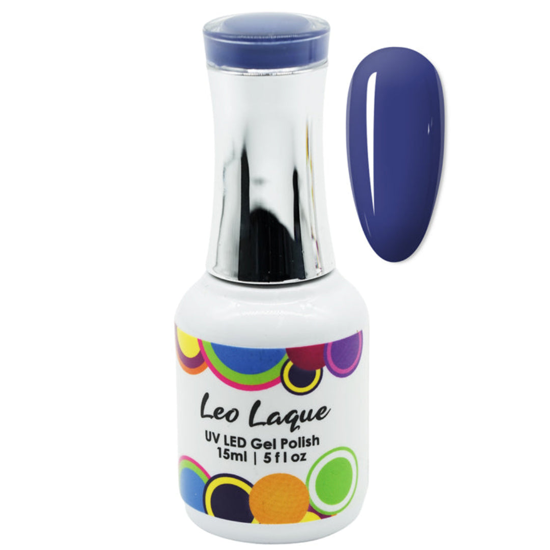 A bottle of Leo Laque UV LED Gel Polish in a deep blue shade, shown alongside a matching nail color swatch on a plain white background.
