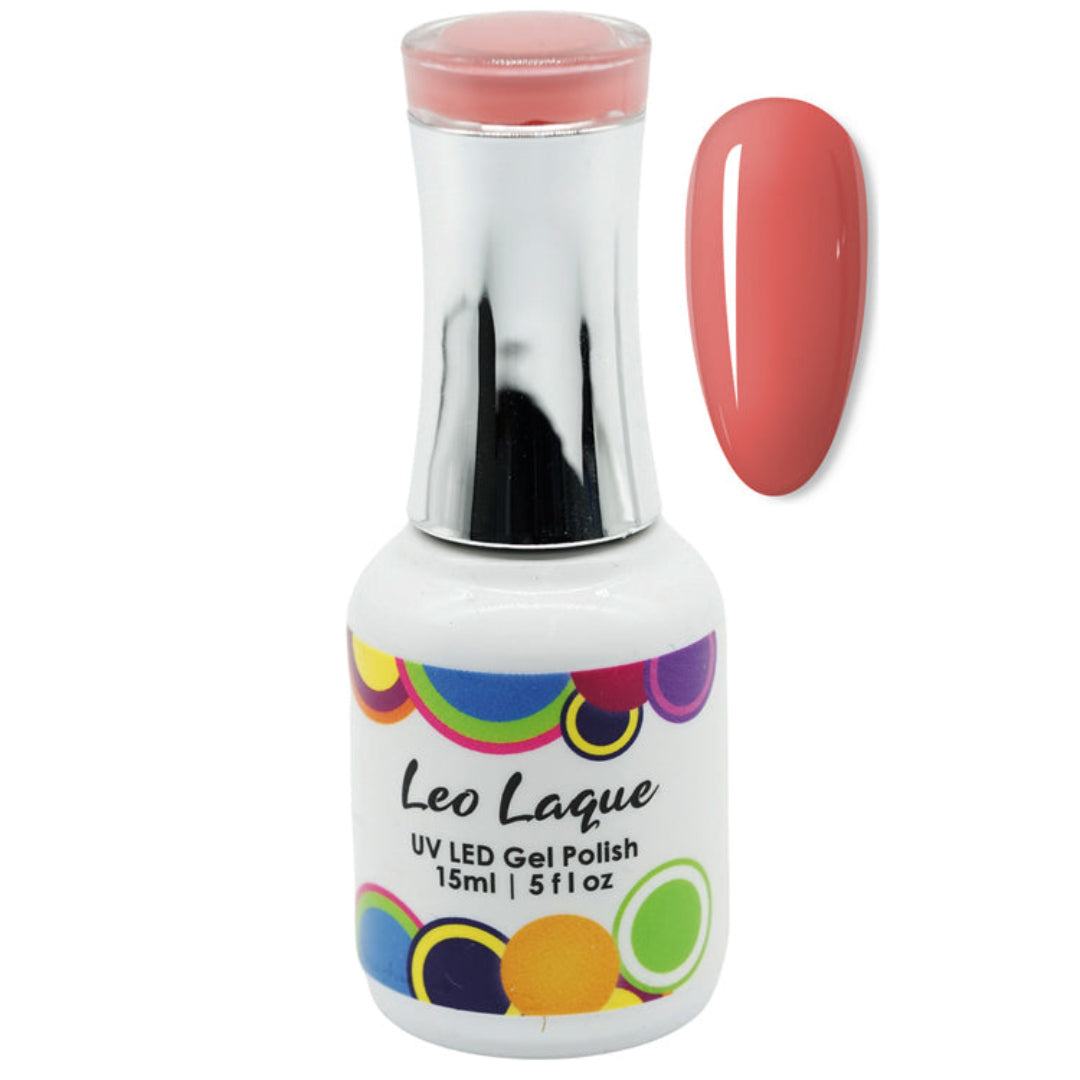 A bottle of Leo Laque UV LED Gel Polish in a coral pink shade, shown alongside a matching nail color swatch on a plain white background.