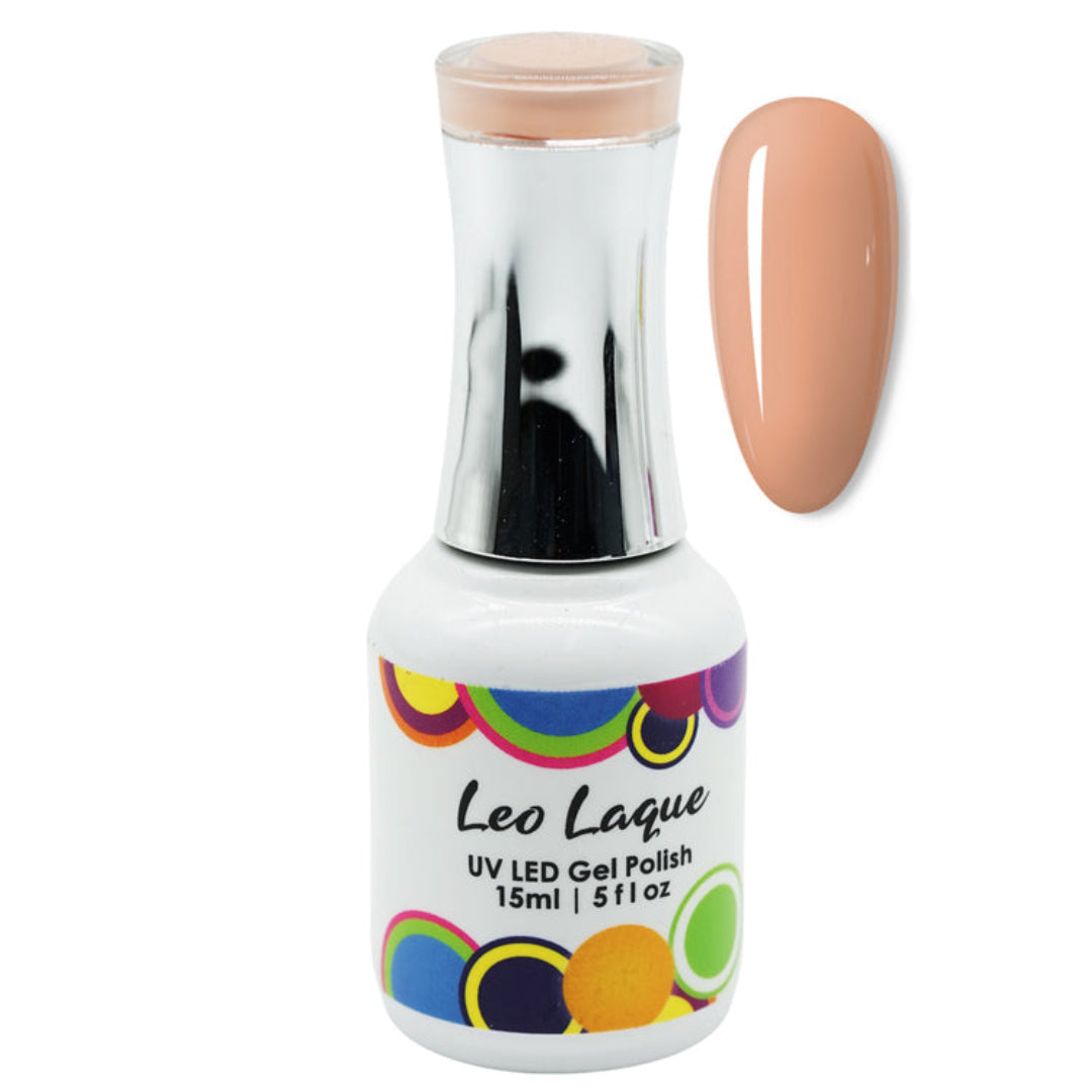 A bottle of Leo Laque UV LED Gel Polish in a peach-beige shade, shown alongside a matching glossy nail color swatch on a plain white background.
