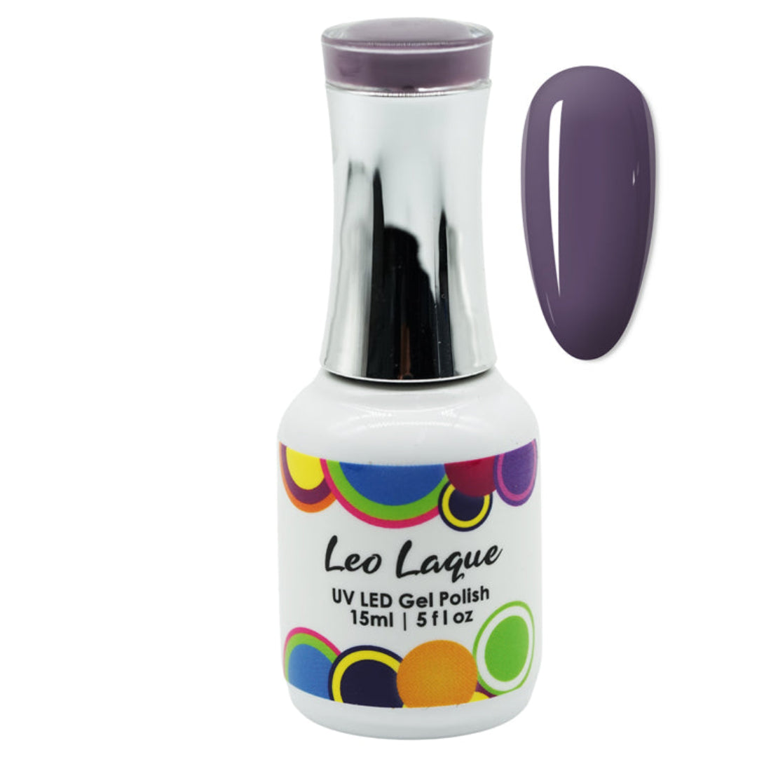 A bottle of Leo Laque UV LED Gel Polish in a deep plum purple shade, shown alongside a matching oval nail color swatch on a plain white background.