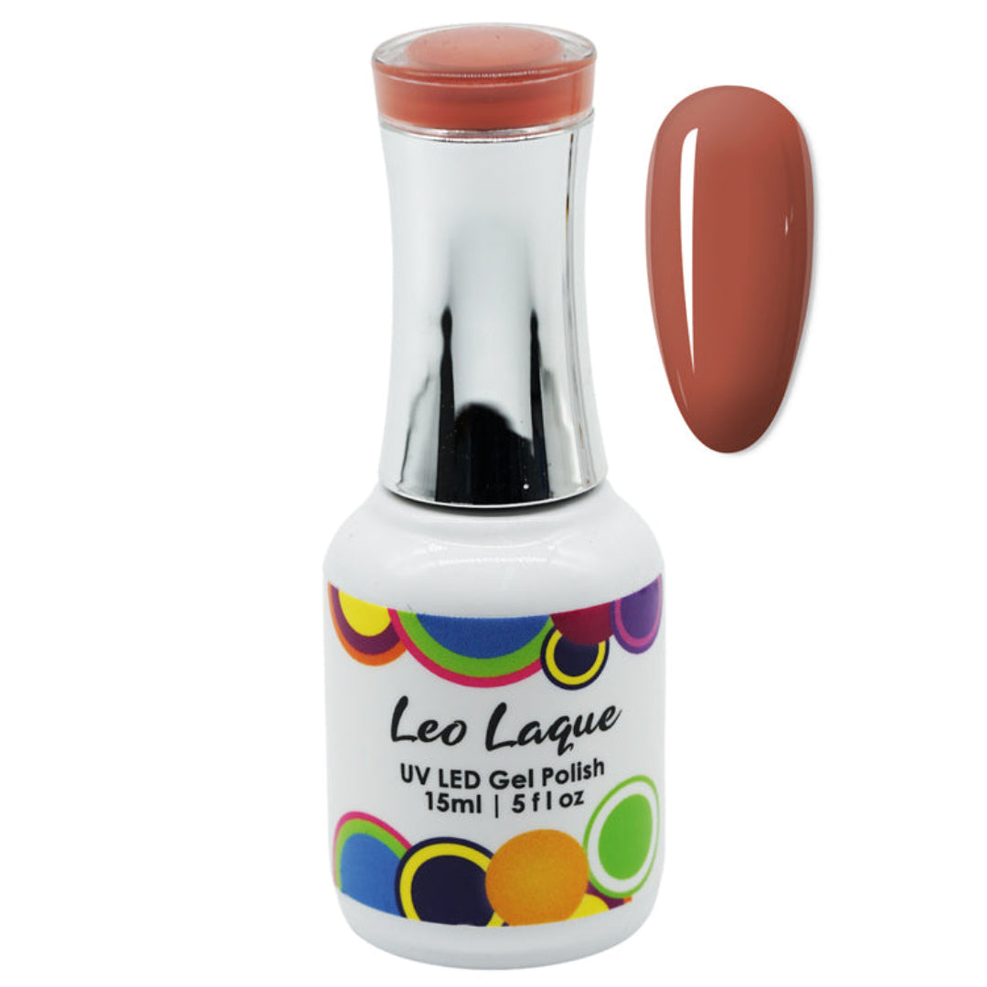 A bottle of Leo Laque UV LED Gel Polish in a warm terracotta or rust shade, shown alongside a matching color swatch on a plain white background.