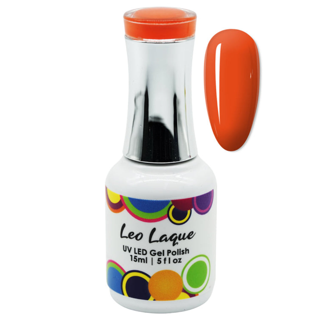 A bottle of Leo Laque UV LED Gel Polish in a vibrant orange shade, shown alongside a matching orange nail swatch on a plain white background.