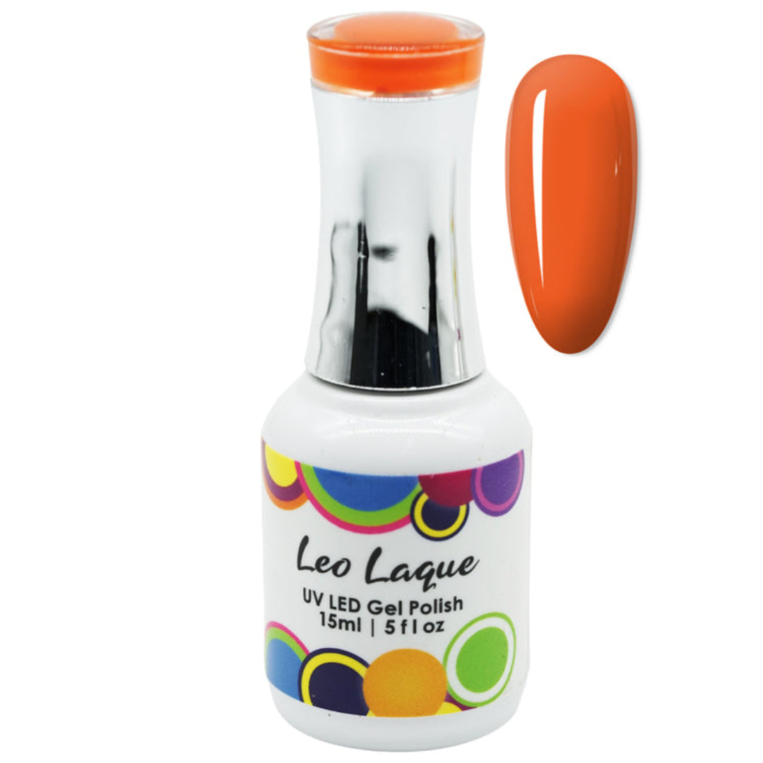 A bottle of Leo Laque UV LED gel nail polish in a vibrant orange shade, shown alongside a matching glossy orange nail swatch on a plain white background.