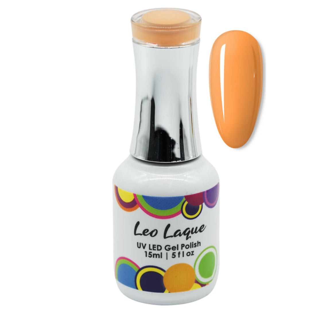 A bottle of Leo Laque UV LED Gel Polish in a bright orange shade, shown next to a matching orange nail swatch on a plain white background.