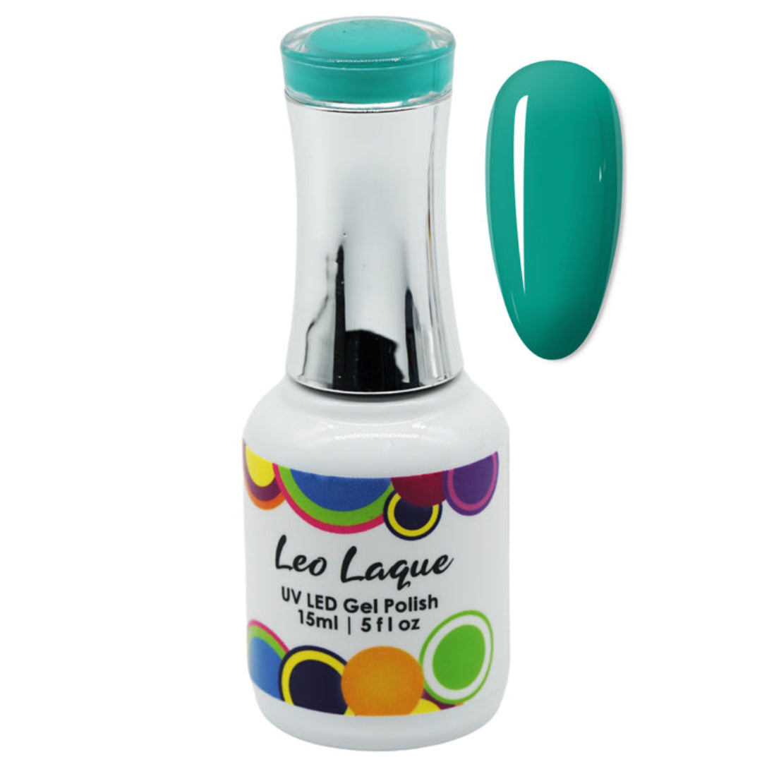 A bottle of Leo Laque UV LED gel polish in a vibrant teal green shade, shown alongside a matching nail swatch on a plain white background.