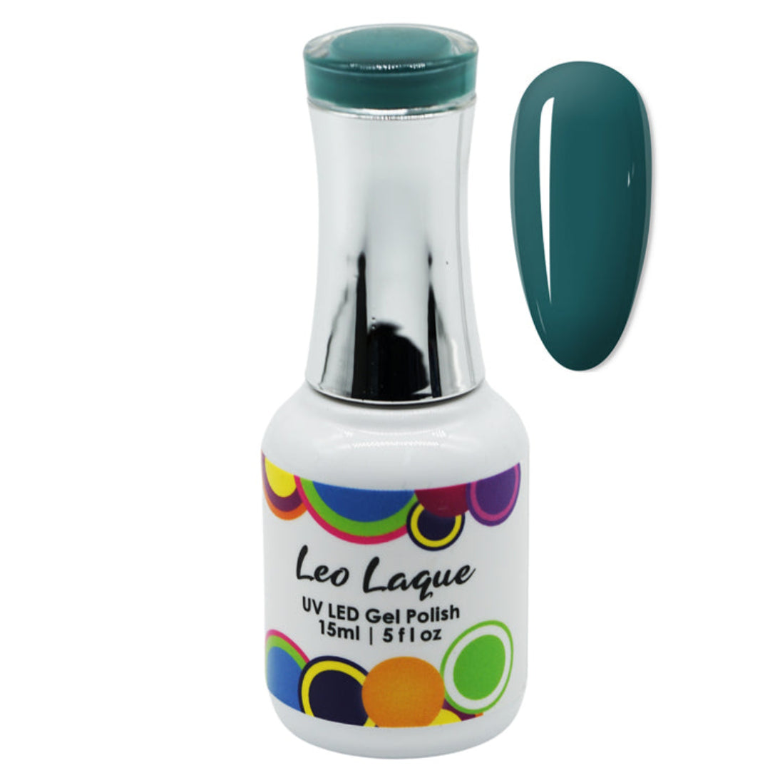 A bottle of Leo Laque UV LED Gel Polish in a deep teal shade, shown next to a matching nail color swatch on a plain white background.