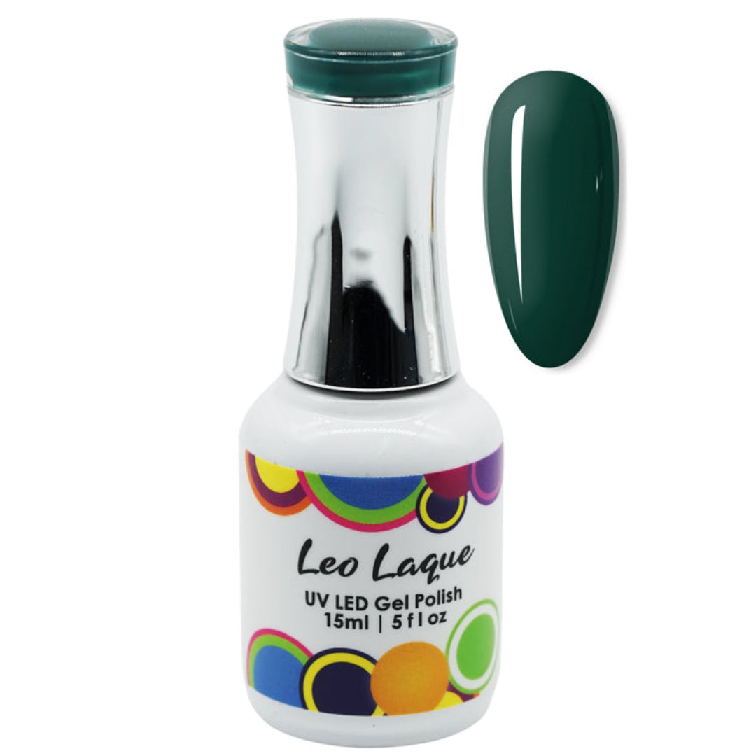 A bottle of Leo Laque UV LED Gel Polish in a deep forest green shade, shown alongside a matching green nail swatch on a plain white background.