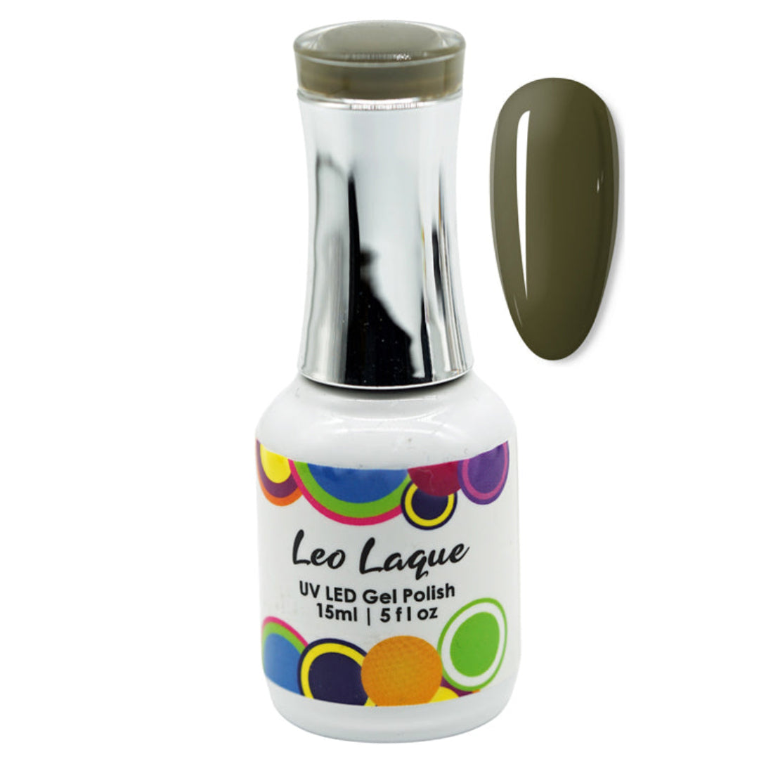 A bottle of Leo Laque UV LED Gel Polish in a dark olive green shade, shown alongside a matching nail color swatch on a plain white background.
