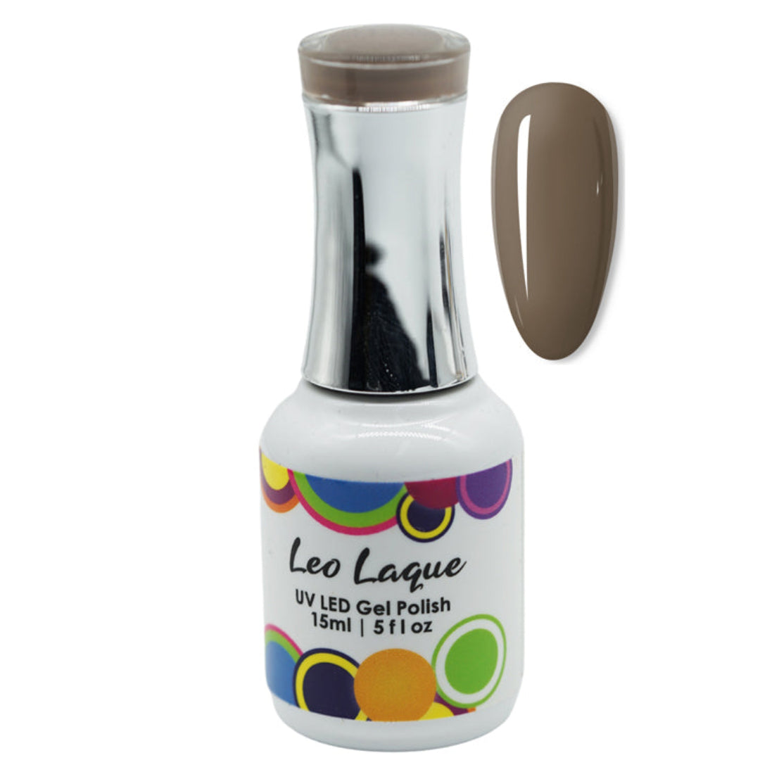 A bottle of Leo Lague UV LED Gel Polish in a taupe-brown shade, shown alongside a matching oval nail color swatch on a plain white background.