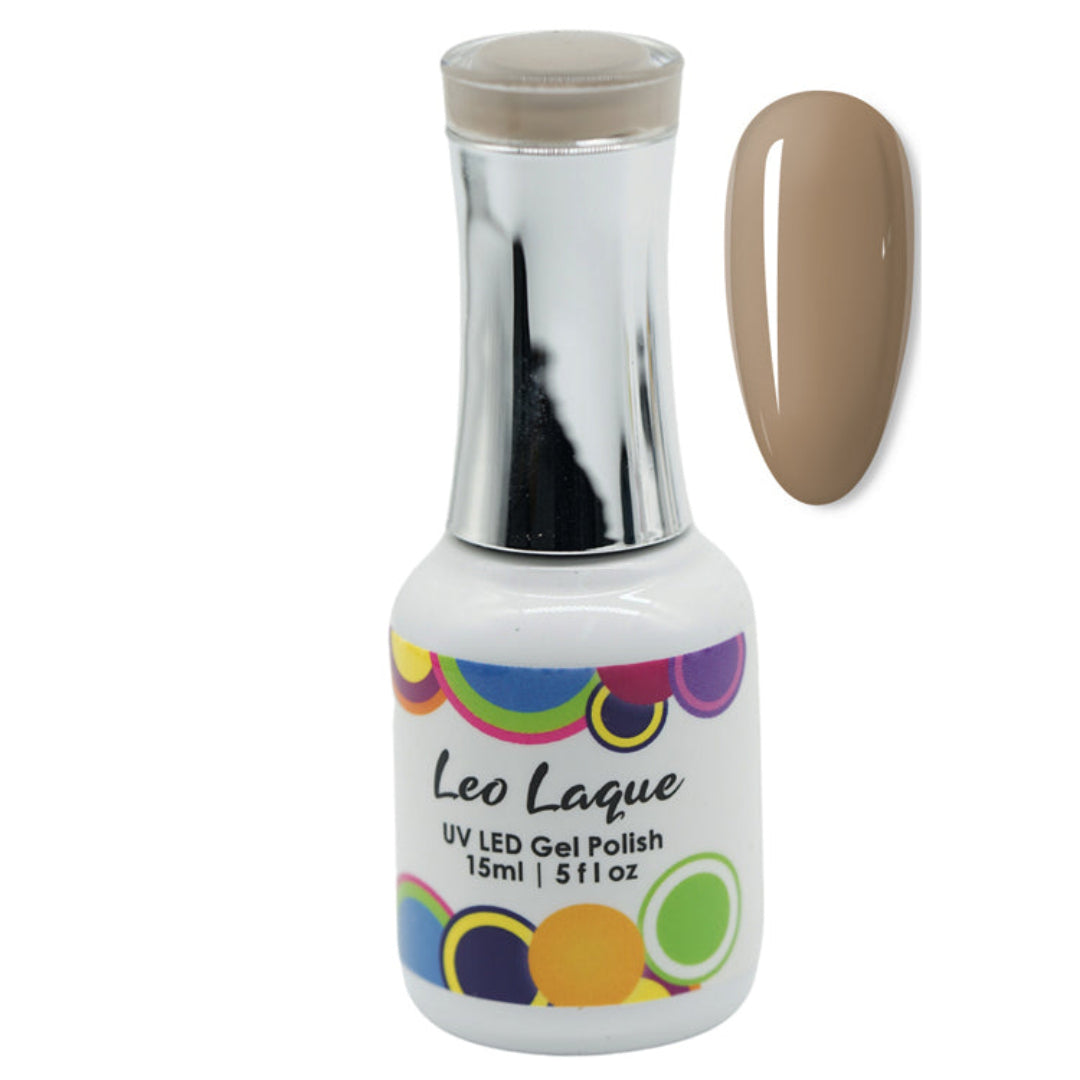 A bottle of Leo Laque UV LED Gel Polish in a warm beige shade, shown next to a matching nail color swatch on a plain white background.