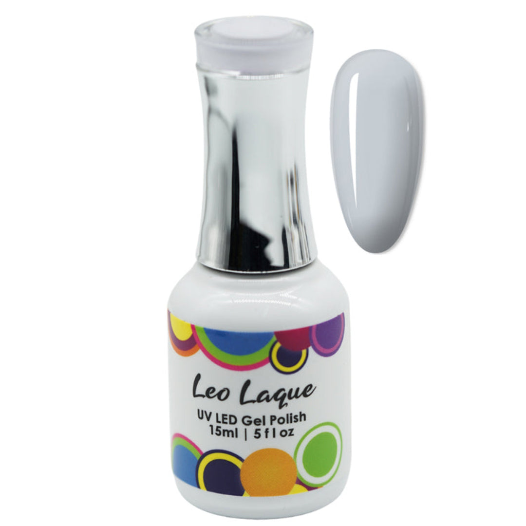 A bottle of Leo Laque UV LED Gel Polish in a light gray shade, shown alongside a matching gray nail swatch on a plain white background.