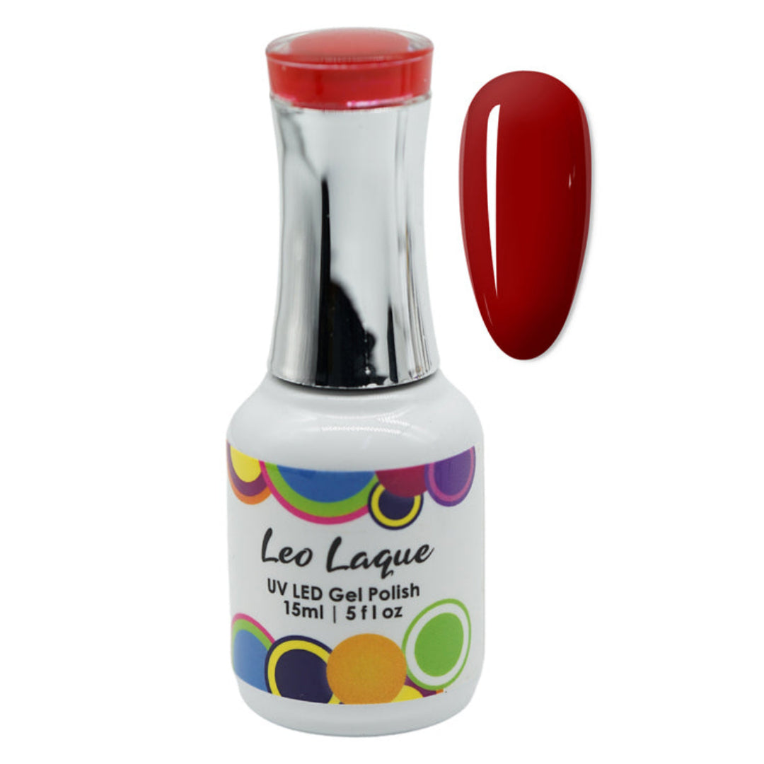 A bottle of Leo Laque UV LED Gel Polish in a vibrant glossy red shade, shown next to a matching red nail swatch on a plain white background.