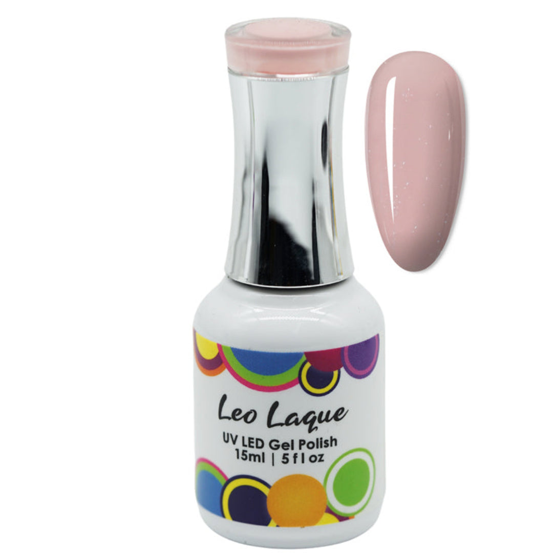 A bottle of Leo Laque UV LED Gel Polish in a light pink shade, shown next to a matching pink nail swatch on a white background.