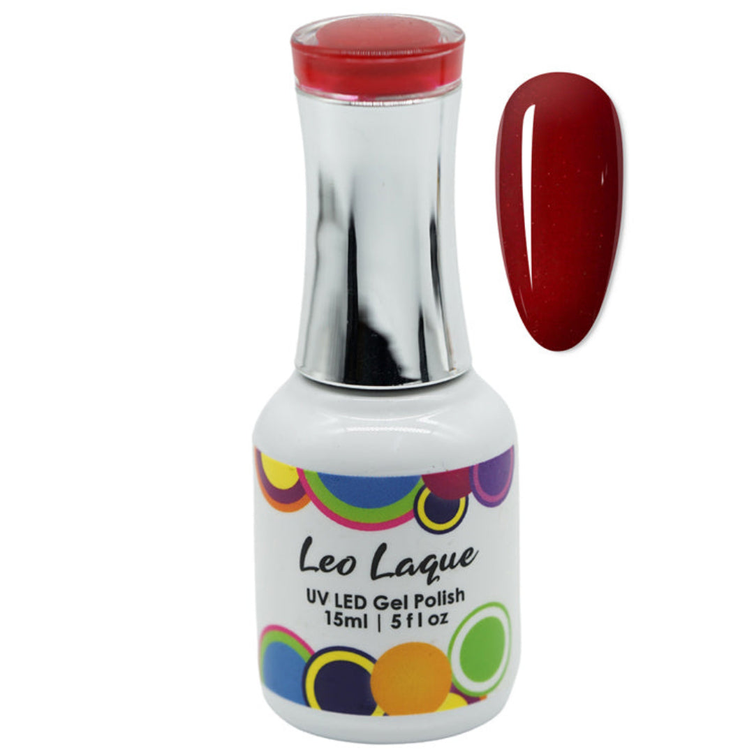 A bottle of Leo Laque UV LED Gel Polish in a deep red shade, shown alongside a matching red nail swatch on a plain white background.