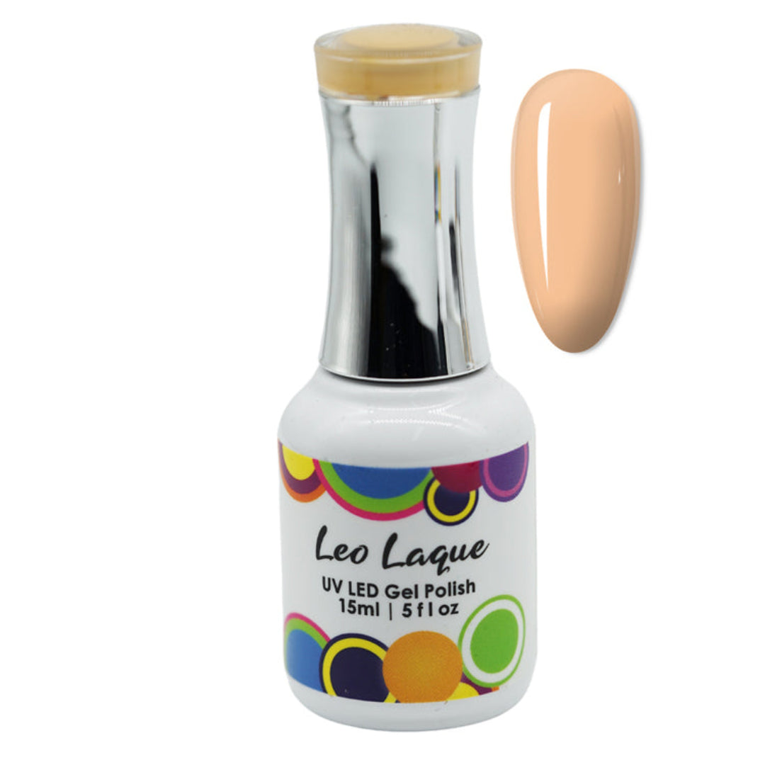 A bottle of Leo Laque UV LED Gel Polish in a light peach-beige shade, shown alongside a matching nail color swatch on a plain white background.