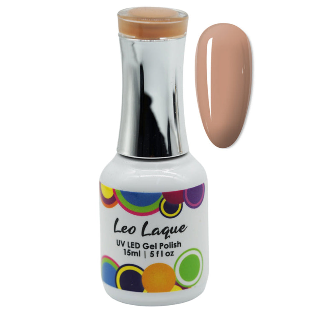 A bottle of Leo Laque UV LED Gel Polish in a nude beige shade, shown alongside a matching glossy nail swatch on a plain white background.
