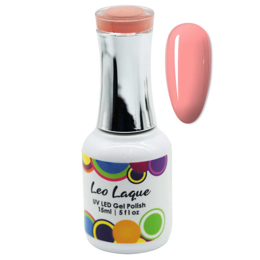 A bottle of Leo Laque UV LED Gel Polish in a peachy pink shade, shown next to a matching glossy nail swatch on a plain white background.