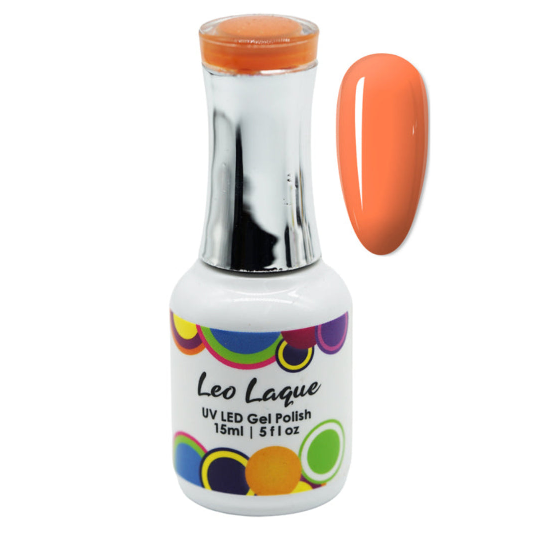 A bottle of Leo Laque UV LED gel nail polish in a vibrant orange shade, shown next to a matching orange nail color swatch on a plain white background.