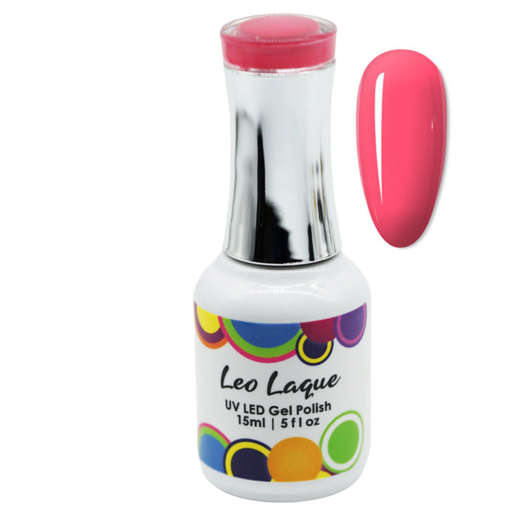 A bottle of Leo Laque UV LED Gel Polish in a bright pink shade, shown next to a matching pink nail swatch on a plain white background.