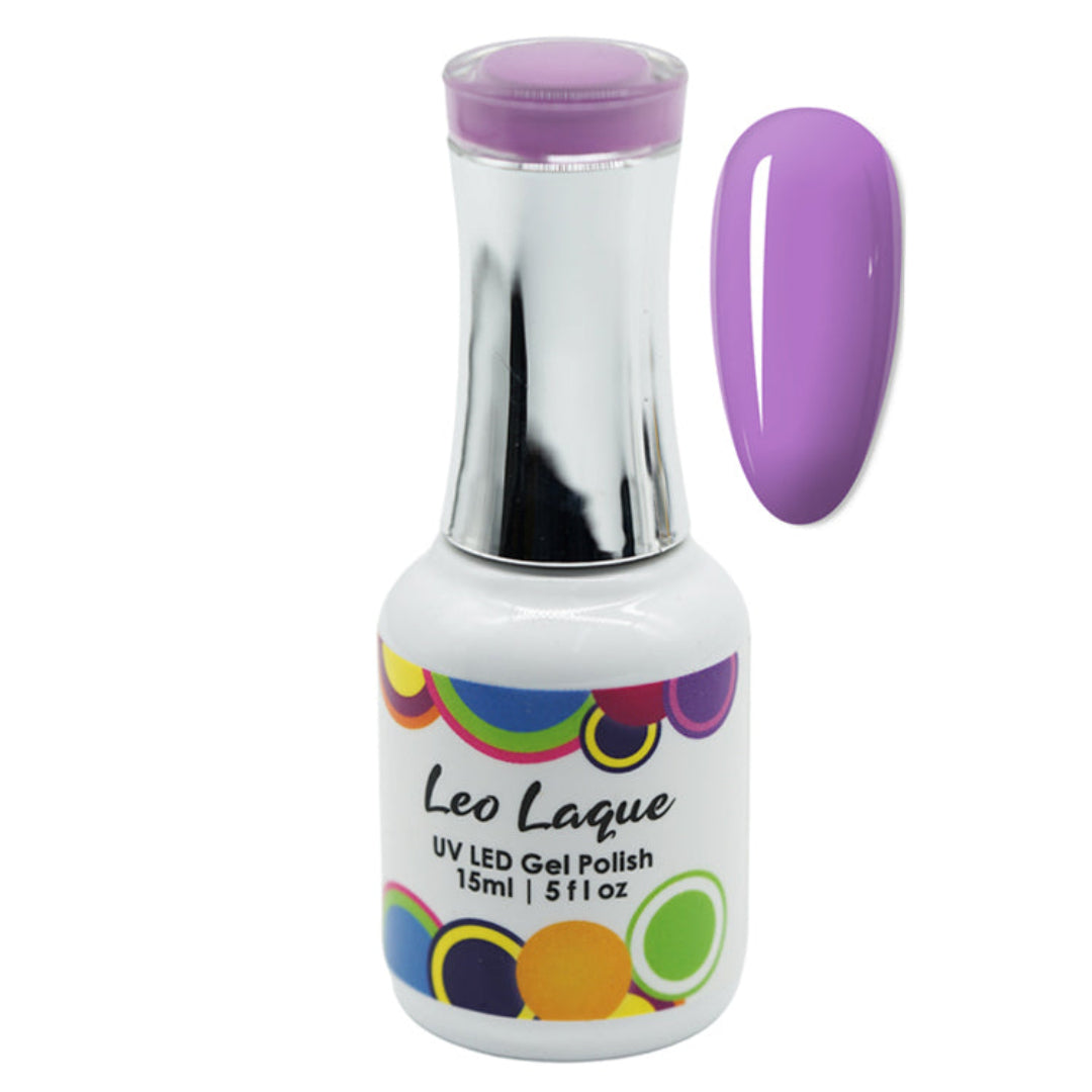 A bottle of Leo Laque UV LED Gel Polish in a vibrant purple shade, shown alongside a matching purple nail swatch on a plain white background.