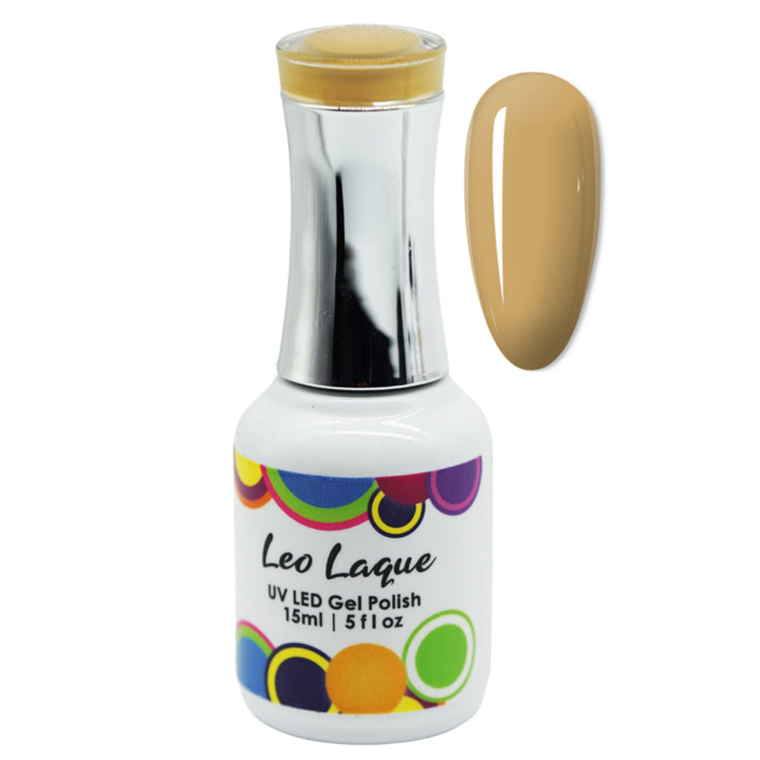 A bottle of Leo Laque UV LED Gel Polish in a warm tan shade, shown alongside a matching nail color swatch on a plain white background.
