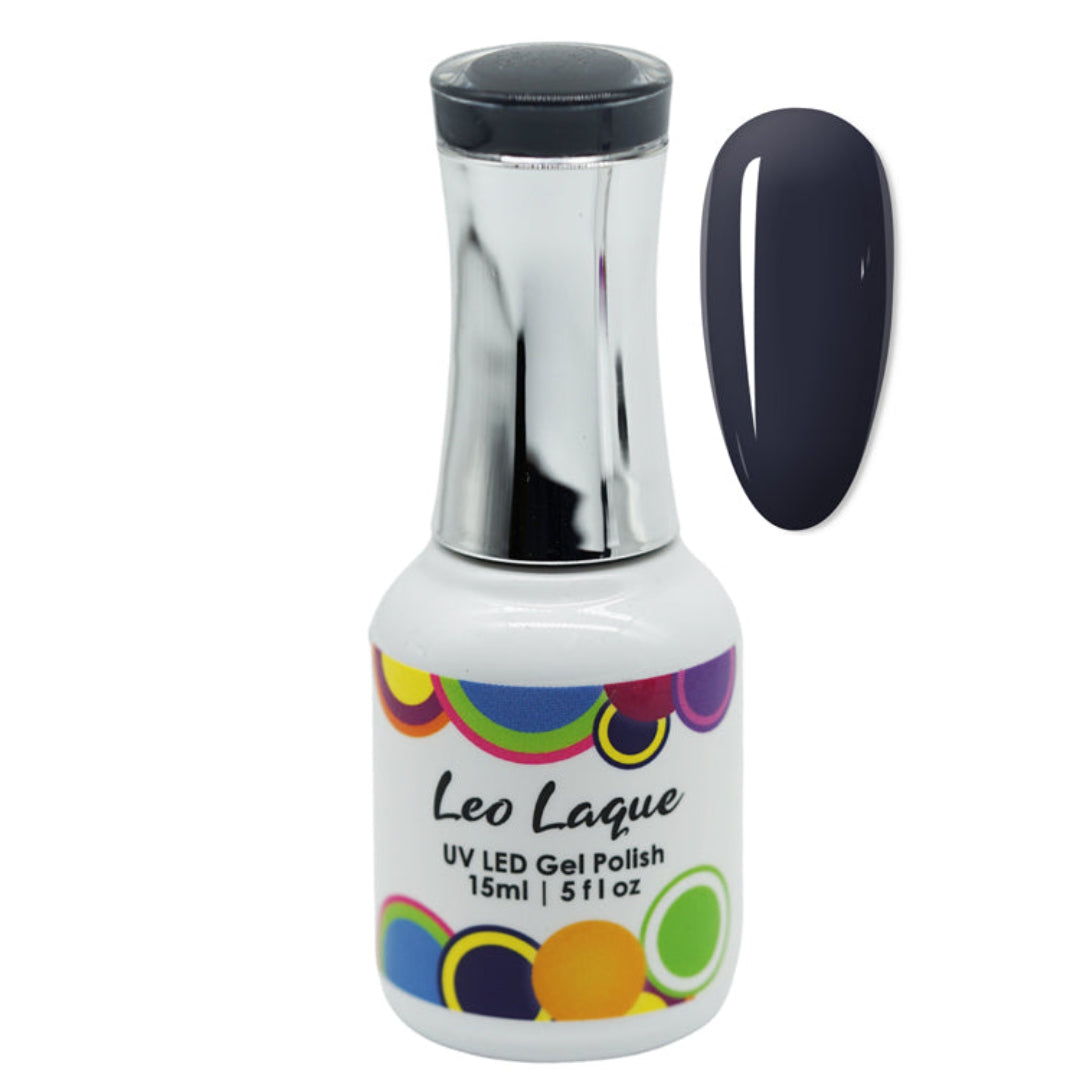 A bottle of Leo Laque UV LED Gel Polish with a black cap and a matching dark navy nail swatch shown next to it on a white background.
