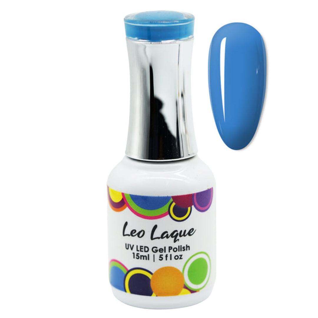 A bottle of Leo Laque UV LED Gel Polish in a medium blue shade, shown alongside a matching blue nail swatch on a plain white background.